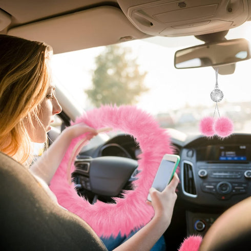 Frienda 6 Pieces Fluffy Car Accessories Set Fluffy Steering Wheel Cover Soft Fuzz Handbrake Cover Gear Shift Cover Bling Car Mirror Fuzz Car Decor...