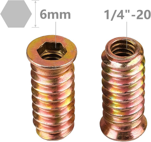 40Pcs Anwenk 1/4"-20 x 25mm Furniture Screw in Nut Threaded Wood Inserts Bolt Fastener Connector Hex Socket Drive for Wood Furniture Assortment (w...