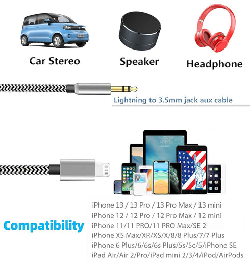 Apple MFi Certified Aux Cord for iPhone, Lightning to 3.5mm Jack Nylon Braided Audio Cable for iPhone 14 13 12 11 XS XR X 8 7 6 iPad to Car/Home S...