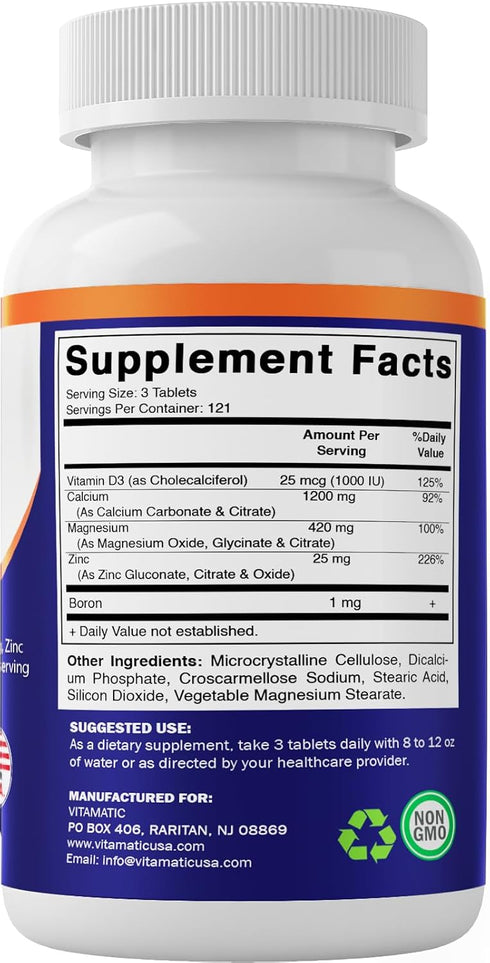 Vitamatic Calcium Magnesium Zinc D3 Boron | 365 Coated Tablets Supplement | Calcium 1200 mg, Magnesium 420mg, Zinc 25mg, Vitamin D3 1000 IU, Boron...