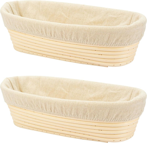 2 PCS 10 inch Oval Long Banneton Brotform Bread Dough Proofing Rising Rattan Basket & Liner for Professional & Home Bakers...