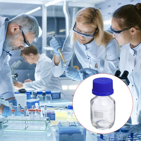 PATIKIL 50mL Reagent Media Bottle, 1Pcs Round Graduated Glass Storage Bottle Blue Screw Cap for Chemistry Lab Universities Home, Clear...