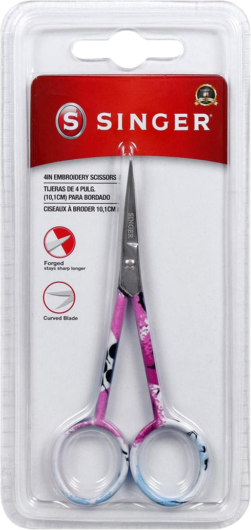 SINGER 4 Inch Forged Embroidery Scissors with Curved Tip for Sewing, Cross-Stiching, Crafts, & More (Pastel Print, 1-Pack)...