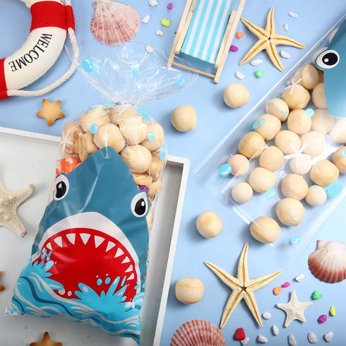 100 Pieces Shark Party Bags, 12.5 x 27.5 cm/ 4.9 x 10.8 Inch Shark Plastic Candy Bags Sea Birthday Goodie Favor with 100 Silver Twist Ties for Sum...