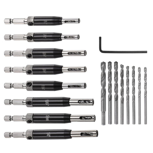 16pcs Self Centering Drill Bit Set 5/64" - 1/4" Door Hinge Drill Bit High Speed Steel Hex Shank Spring Loaded Woodworking Bits with Hex Key and Ex...