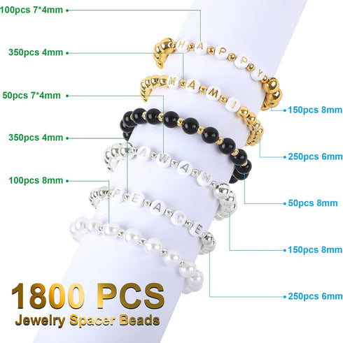 1800Pcs Silver & Gold Round Spacer Beads 3 Sizes Smooth Loose Ball Beads Alphabet Pearls Beads and 2 Rolls Elastic String for DIY Craft Making Sup...