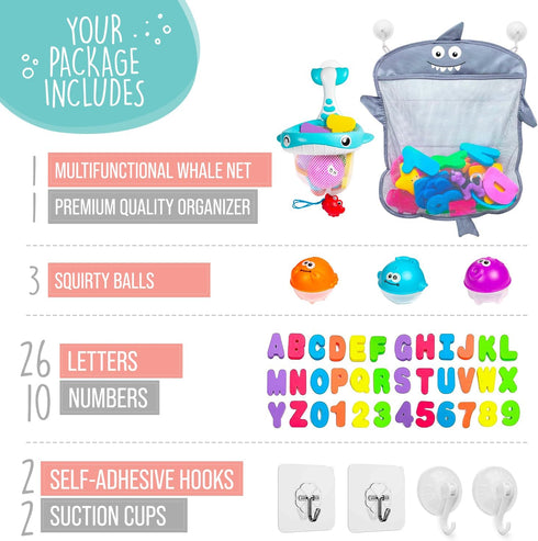 Comfylife Baby Bath Toy Organizer - Bath Toy Storage for Shower - Bathtub Toy Organizer includes Foam Bath Toys (Numbers & Letters & Squirty Toys)...