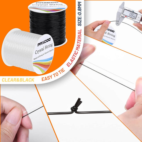 Bracelet String, Paxcoo 2 Rolls Elastic Stretchy Bead String Cord for Clay Beads Kandi Pony Beads Bracelets Jewelry Making (0.8 MM, Crystal & Blac...