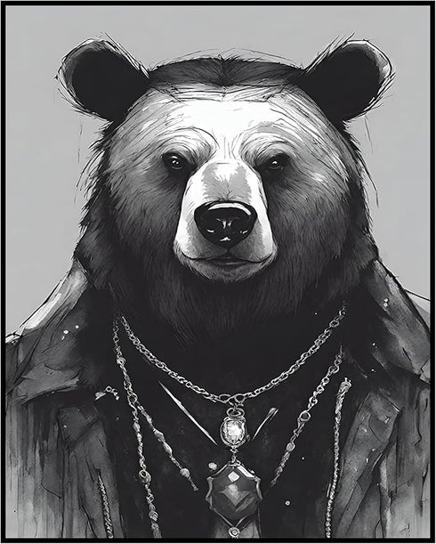 Posterizer 1 pcs- black and white theme-bear wearing clothes-Gothic Art-Art for Animal Lovers- Living Room Bedroom Decor- unframed wall art...