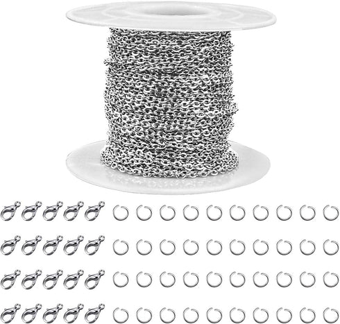 33 Feet Stainless Steel Jewelry Chains for Jewelry Making - Silver Chain Roll with 40 Pieces Open Jump Rings & 20 Pieces Lobster Clasps - Silver N...