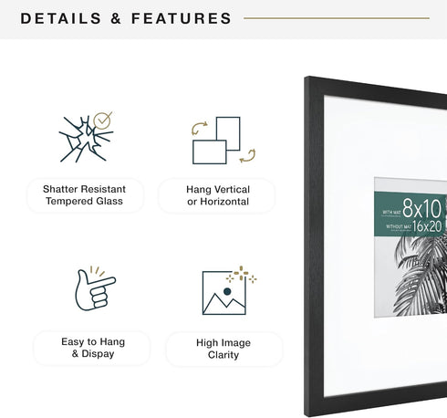 MCS Studio Gallery 16x20 Matted Photo Frame with 8x10 Picture Display, Black Woodgrain Vertical & Horizontal Wall Hanging Large Picture Frame for ...