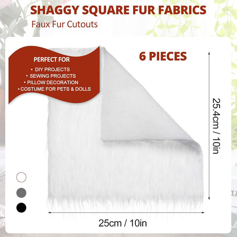 6 Pieces Faux Fur Squares Fabric Shaggy Fur Cuts Fluffy Square Fur Patches for Cosplay Costume Craft Supply Decoration (10 x 10 Inch, Black, White...