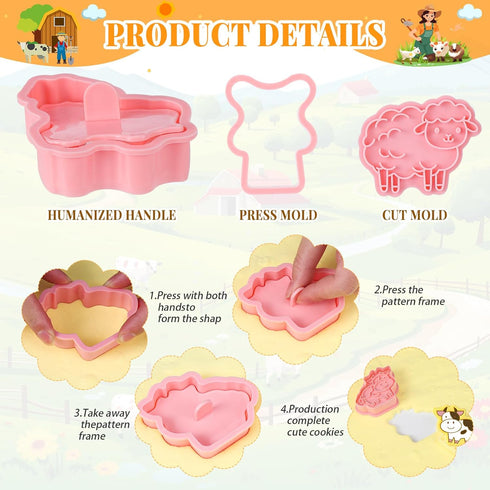 16 Pcs Farm Animal Cookie Cutters with Plunger Stamps Set, Farm Animal theme Fun Cookie Mold, 3D Animal Shape Cookie Cutters, Animal Series Shape ...