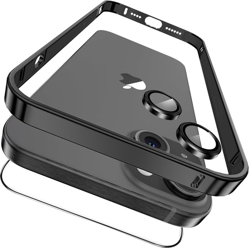 YMHML 3 in 1 Case for iPhone 15 Titanium Frame with Screen Protector and Camera Lens Protector Tempered Glass, Metal Bumper Slim Hard Straight Edg...