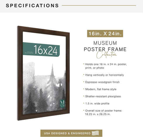 MCS Museum Poster Frame 16x24 Espresso Woodgrain, Vertical & Horizontal Wall Hanging Large Picture Frame for Photos, Posters & Art Prints (1-Pack)...