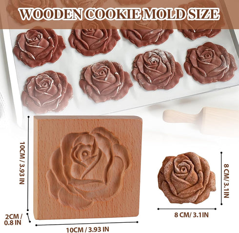 2 Pcs Wooden Cookie Cutter Embossing Mold - Rose Cookie Mold, Rose Cookie Stamp, 3D Carved Wooden Cookie Molds, Cookie Stamps for Baking Cookies D...