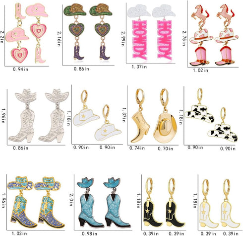 12 Pairs Beaded Cowboy Earrings for Women Pendant Rhinestone Enamel Boot Hat Drop Dangle Earrings...