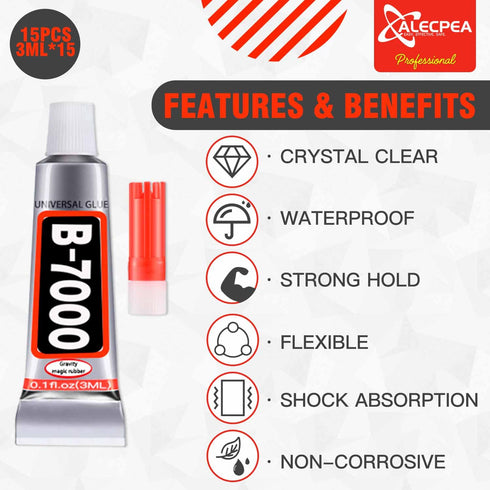 B-7000 Craft Glue for Jewelry Making - 3ml/0.1oz (15 Pack) - Multi-Function B-7000 Super Adhesive Glues Liquid Fusion Glue for Rhinestones Crafts,...