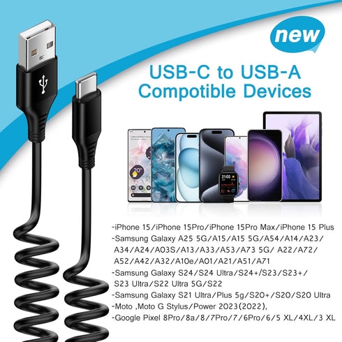 Samsung S24 Ultra Coiled USB C to USB A Cable Fast Charging for Galaxy S24+/S23/S22/S21,A14/A54,3FT Retractable Android Phone Car Charger Cord for...