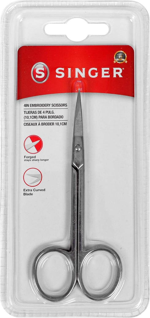 SINGER 4 Inch Forged Embroidery Scissors with Curved Tip for Sewing, Cross-Stiching, Crafts, & More (Extra-Curved Tip, 1-Pack)...