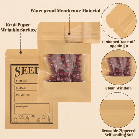 100pcs Seed Saving Envelopes with Clear Window, 4.7x3.1 Inch Reusable Seed Kraft Storage Organizer Packets Envelopes for Flower Vegetable Plants G...