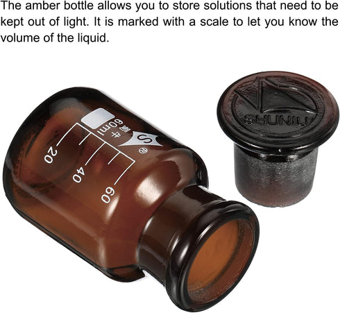 PATIKIL 60mL Reagent Media Bottle, 1Pcs Round 3.3 Borosilicate Glass Graduated Storage Bottle with Amber Cap for Chemistry Lab Universities Home, ...