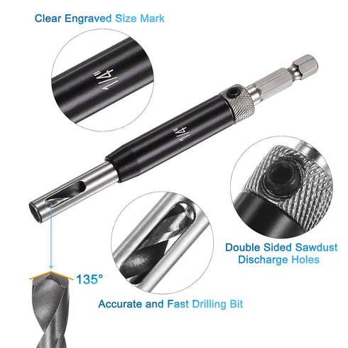 16pcs Self Centering Drill Bit Set 5/64" - 1/4" Door Hinge Drill Bit High Speed Steel Hex Shank Spring Loaded Woodworking Bits with Hex Key and Ex...