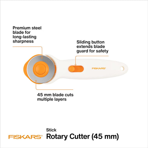 Fiskars 45mm Rotary Cutter for Fabric - Premium Stick Rotary Cutter - Craft Supplies - Crafts, Sewing, and Quilting Projects - White...