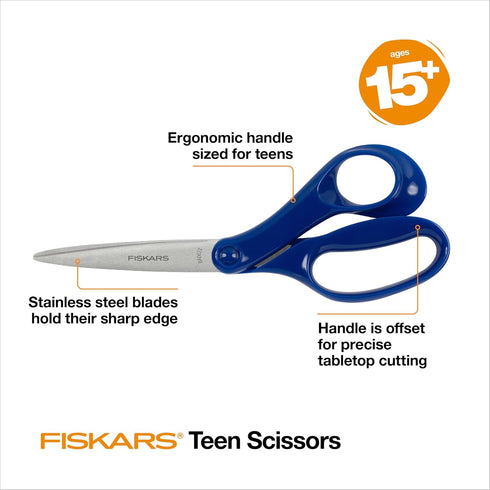 Fiskars 8" Teen Scissors for Ages 15+ - Scissors for School or Crafting - Back to School Supplies - Blue...