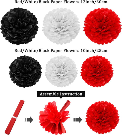 WILLBOND 29 Pcs Red and Black Decorations Mouse Paper Decoration Fan Pom Pom Honeycomb Flower Tissue Tassel Garland Theme Party Supplies for Gradu...