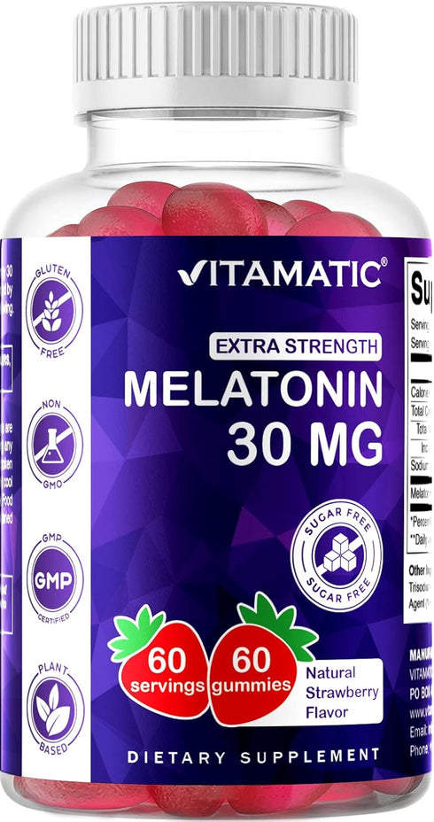 Vitamatic Sugar Free Melatonin 30mg per gummy - 60 Servings - 60 Vegetarian Gummies - Non-Habit Forming Supplement (1 Bottle)...