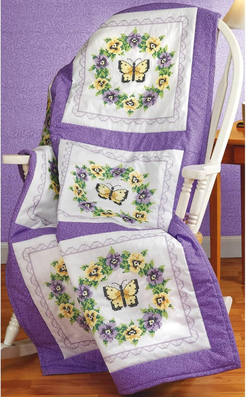 Janlynn Stamped Cross Stitch Quilt Blocks 18"X18" 6/Pkg-Pansy Wreath, Multicolor...