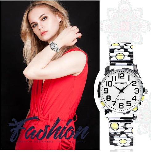 Lancardo Women Stretch Band Watch: Bohemia Flower Elastic Analog Quartz Big Number White Dial Wristwatch Easy to Read Womens Day...