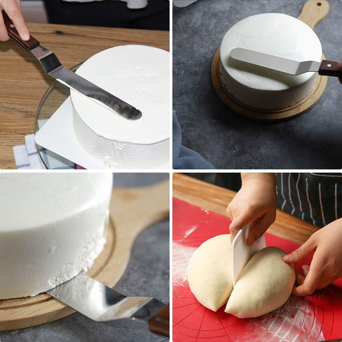 4 Packs Offset Spatula, Stainless Steel Cake Icing Spatula Set 4” 6” 8” 10”with Wooden Handle and 3 Packs Cake Smoother Scraper Set for Cake Decor...