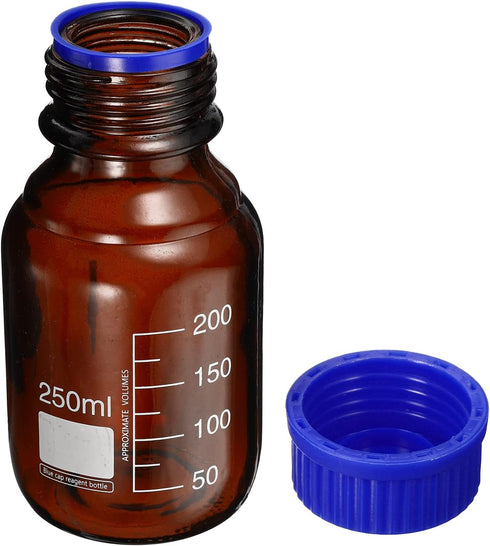 PATIKIL 250mL Reagent Media Bottle, 1Pcs Round Graduated Glass Storage Bottle Blue Screw Cap for Chemistry Lab Universities Home, Amber...