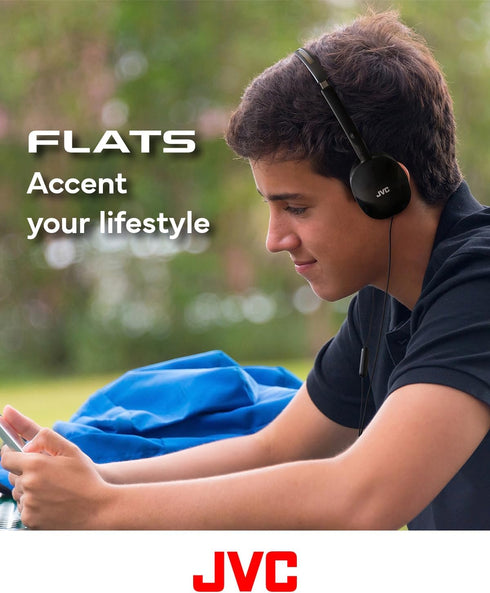 JVC Black Flat Foldable Colorful Flats On Ear Headphones with Remote and Microphone, 3.94 Foot Gold Plated 3.5mm Slim Plug - HAS160MB, Adjustable....