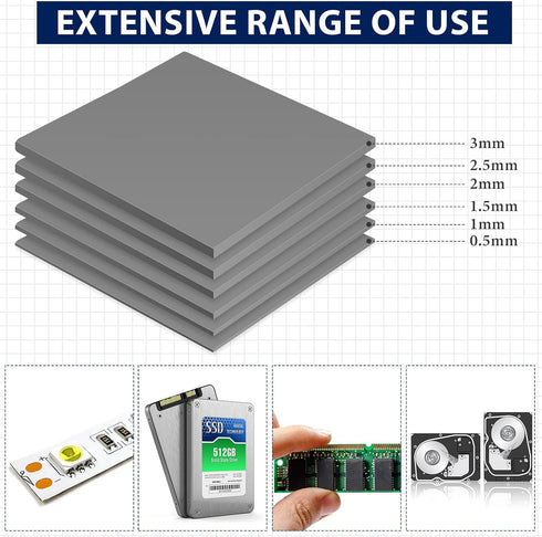 6 Pcs Thermal Pad 100 x 100 mm, 0.5 mm, 1 mm, 1.5 mm, 2 mm, 2.5 mm, 3 mm Heat Resistant Conductive Silicone Pad Thermal Pads Conductivity 6.0 W/M ...