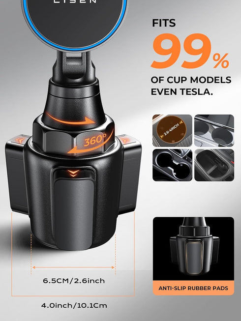 LISEN Cup Holder Phone Holder for Magsafe Car Mount Charger, 15W Wireless Car Charger Cupholder Magnetic Wireless Car Mount Charger Phone Charger ...