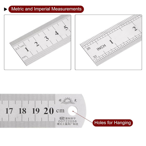 2Pcs Stainless Steel Ruler 20cm/8" Length x 1/36" Thick x 1" Wide Inch and Metric Straight Edge Measuring Tools for Woodworking Painting Craft, Si...