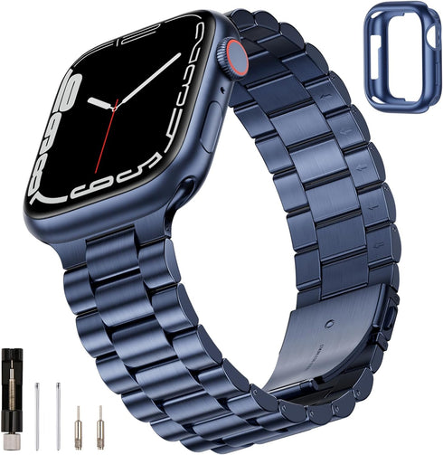 SUNFWR Stainless Steel Watch Band, DarkBlue 42mm/44mm/45mm for Apple Watch Series 9/8/7/6/5/4/3/2/1/SE/SE2, Adjustable Metal iWatch Band with Case...