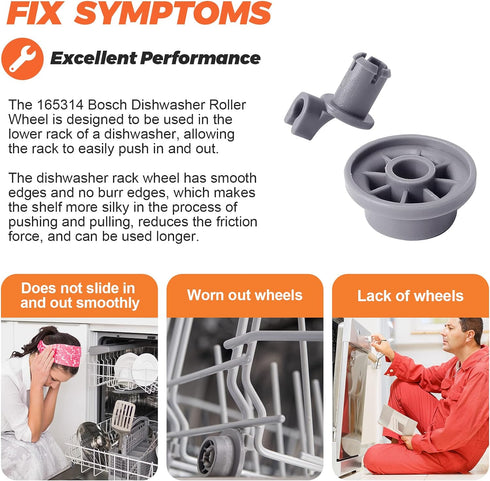 165314 Dishwasher Lower Rack Wheels by Beaquicy - Upgrade 8 Pack - Fit for Bosch Kenmore Dishwasher SHE43, SHE33, S35K, 630163 series - Replace 420198 423232 AP2802428 PS3439123 EAP3439123 PS8697067