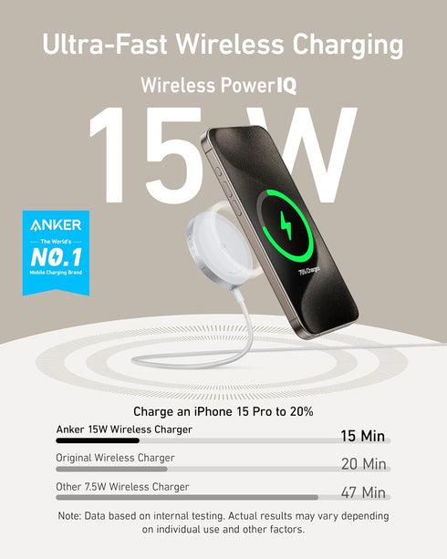 Anker MagGo Magnetic Wireless Charger (Pad), Qi2 Certified 15W Ultra-Fast MagSafe Compatible Wireless Charger, for iPhone 15/15 Plus/15 Pro/15 Pro...