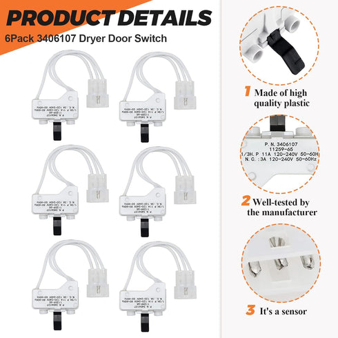 3406107 Dryer Door Switch by Beaquicy - Replacement for Whirlpool, Ken-more, Roper, Amana, Crosley Dryer (6-Pack)