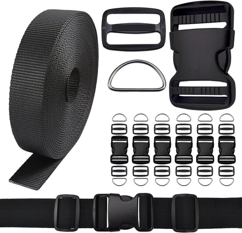 CooBigo 1 Inch Buckles Straps Set 6 Yards Black Nylon Webbing Strap 6 Pcs Quick Side Release Plastic Buckle Dual Adjustable 12pcs Tri-glide Slide ...