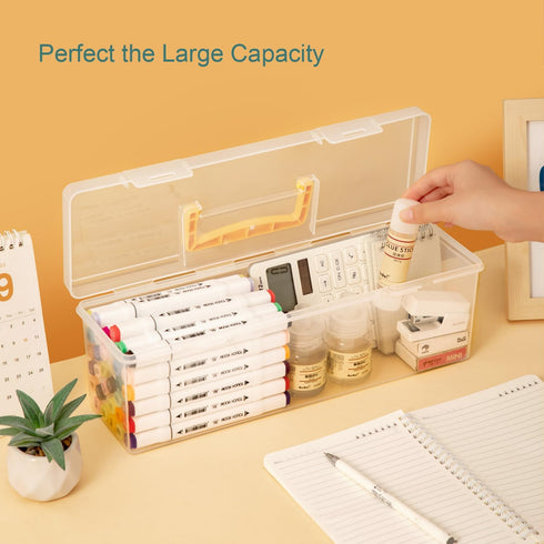Large Plastic Portable Container with Handle, Art Craft Storage Box with Lid for Paint Brush, Tools, Crayon, Washi Tape, Trading Card, Ornaments, ...