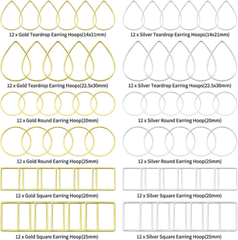 144pcs Earring Hoops for Jewelry Making, 3 Shapes Earrings Findings Hoops Beading Hoop Earrings Hypoallergenic Square Teardrop Round Earring Findi...