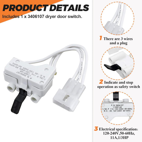 WP3406107 3406107 Dryer Door Switch by Beaquicy - Replacement for Whirlpool, Ken-More, Roper, Amana, Crosley Dryer - Replaces 3406109 3405101 3405...