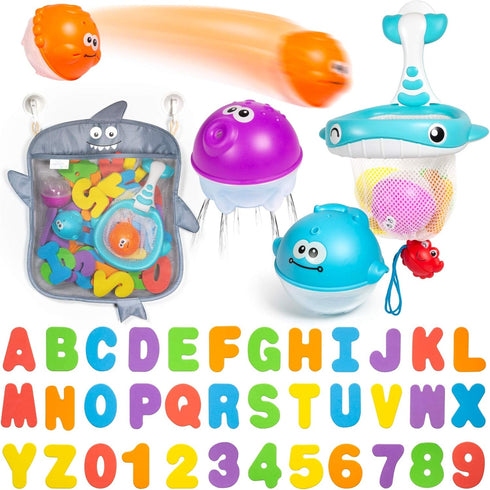 Comfylife Baby Bath Toy Organizer - Bath Toy Storage for Shower - Bathtub Toy Organizer includes Foam Bath Toys (Numbers & Letters & Squirty Toys)...