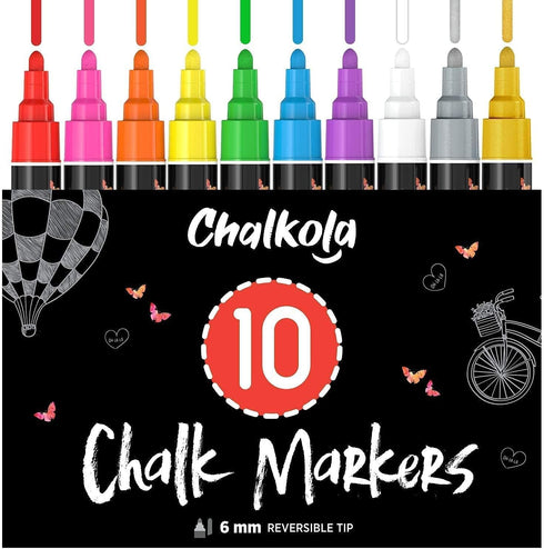 Chalkola Liquid Chalk Markers Erasable (10 Pack) w/Gold & Silver - Washable Paint Chalk Pens for Chalkboard Signs, Blackboard, Car Window, Bistro,...