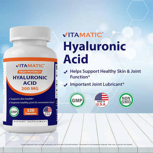 Vitamatic 2 Pack Hyaluronic Acid Supplements 200mg - Supports Healthy Connective Tissue and Joints - Promote Youthful Healthy Skin - Total 240 Cap...